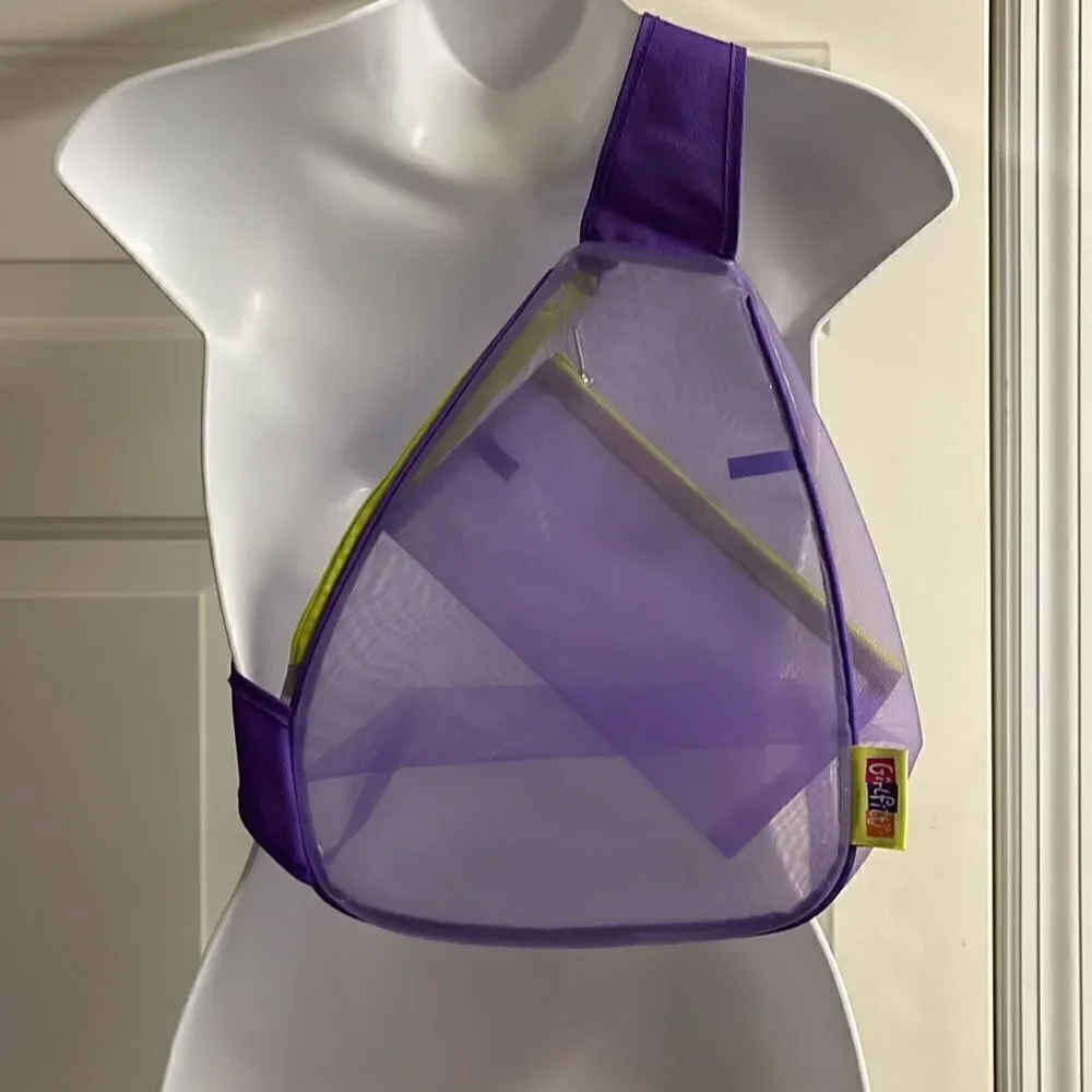 Girlfitti Purple Mesh Velcro Adjustable Body Bag w/ Mesh Wallet & Yellow Zippers